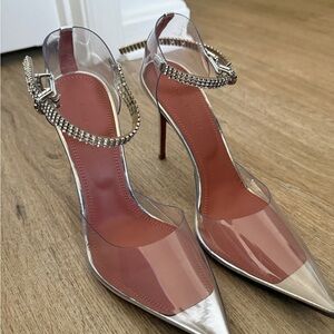 Amina Muaddi Clear Pointed Toe Stiletto Heels with Rhinestone Ankle Strap Silver